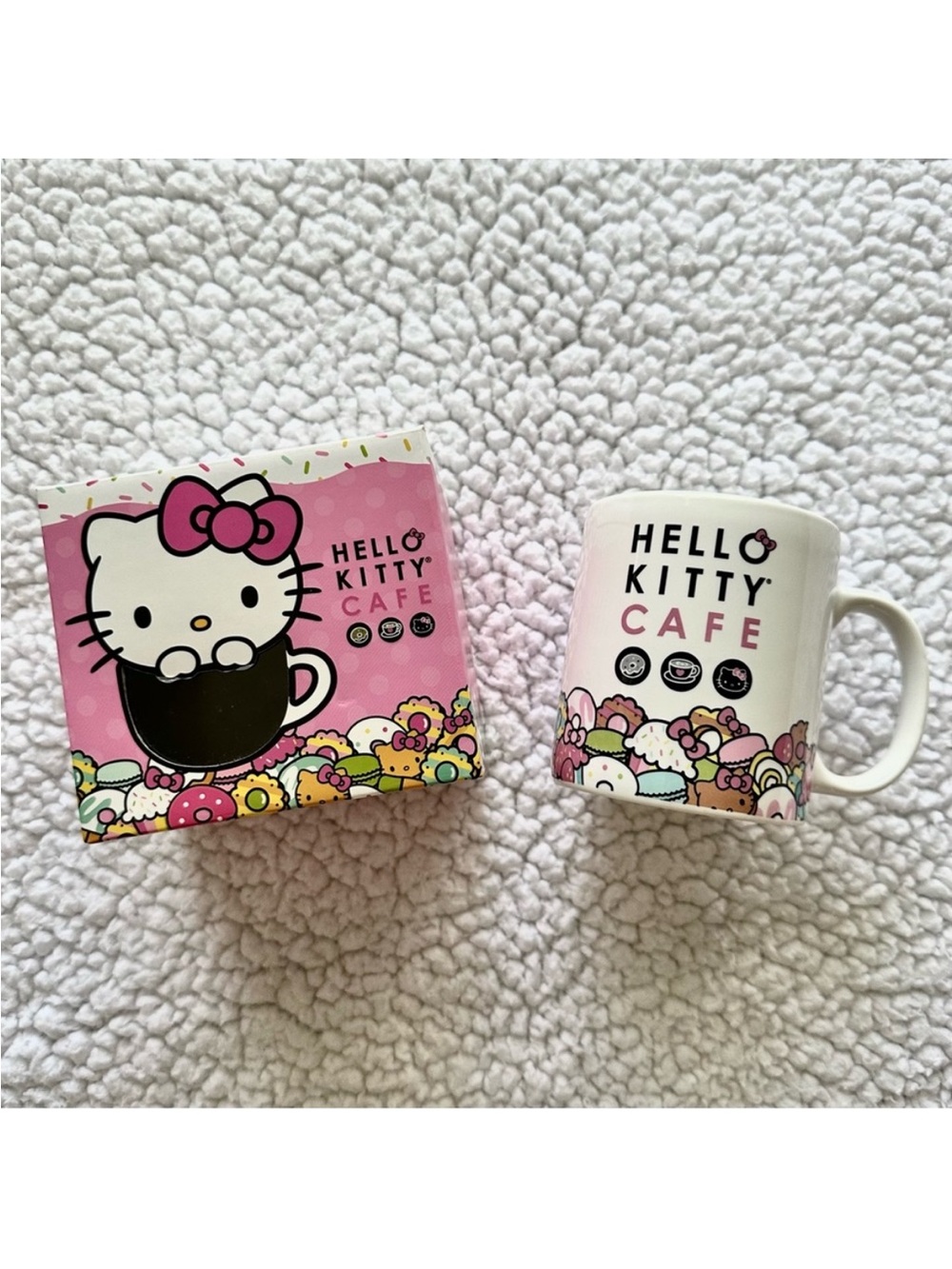 HELLO KITTY CAFE mug donuts graphics coffee tea cup donut graphic on inner base